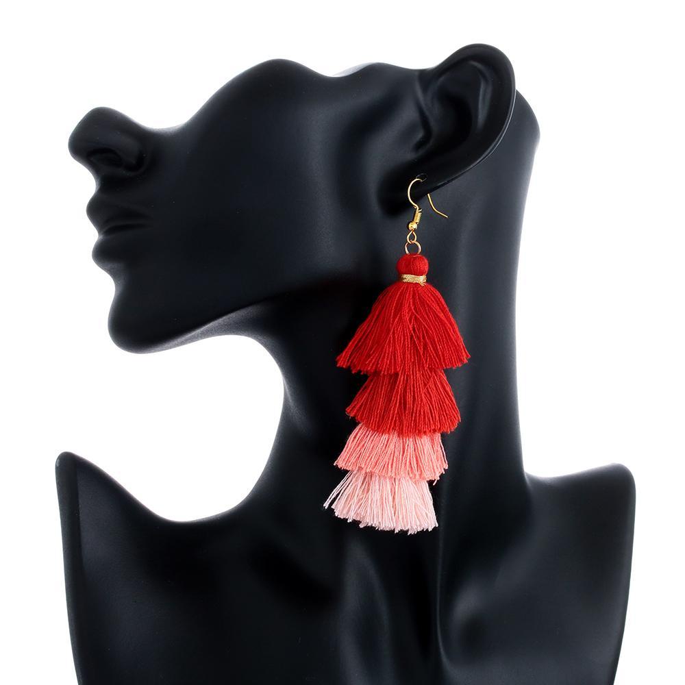 1 Cặp Khuyên Tai Tua Rua Dài Vải Lụa Nhiều Lớp Phong Cách Boho Thời Trang Cho Nữ