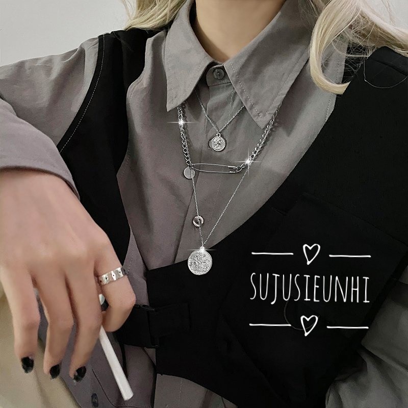 Set 3 vòng cổ unisex hình chiếc ghim băng và đồng xu