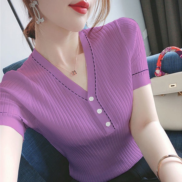 Áo Thun Tay Ngắn Cổ Chữ V Thiết Kế Mỏng Mới Thời Trang Mùa Hè Phong Cách Hàn Quốc Cho Nữ