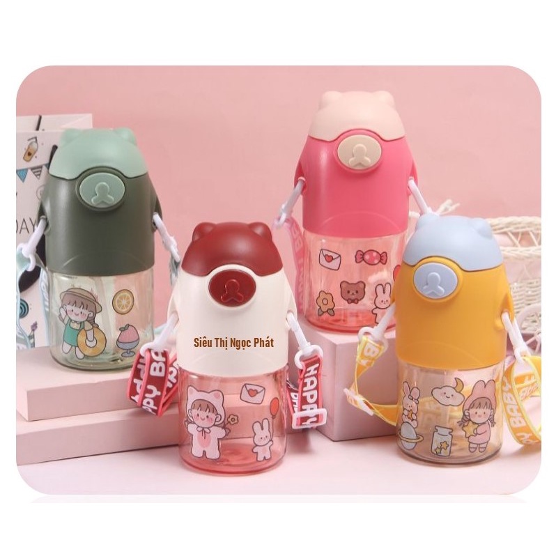 Bình Nước Gấu Ngộ Nghĩnh cho bé_Có Quai Đeo_650ML_Kèm Sticker dán