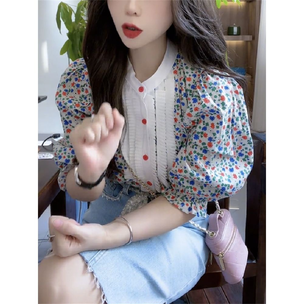 Áo Sơ Mi Hoa Tay Phồng Dáng Rộng Thiết Kế Mới Trẻ Trung Cho Nữ