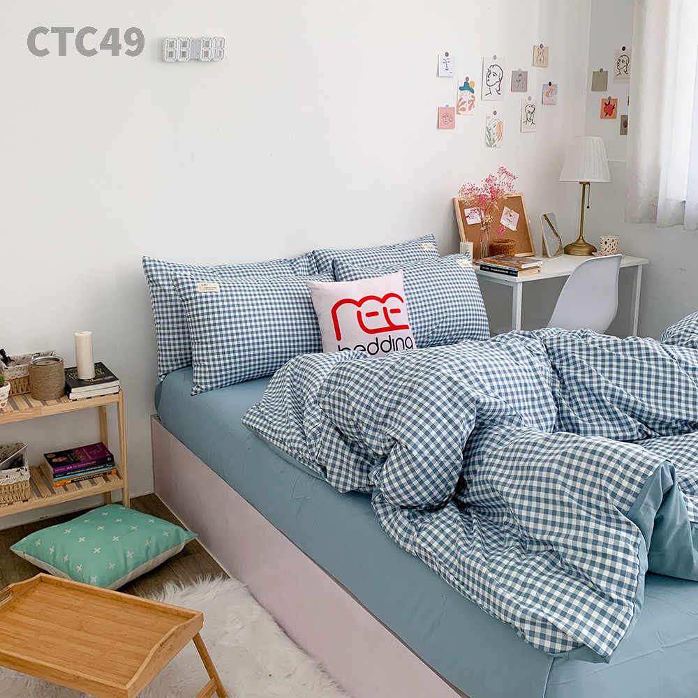 Bộ chăn ga gối Cotton TC REE Bedding CTC49 caro xanh đủ size giường nệm