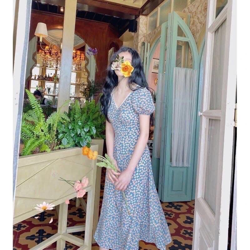 ❤️sỉ❤️váy hoa nhí xanh khoá dọc cho con ti
