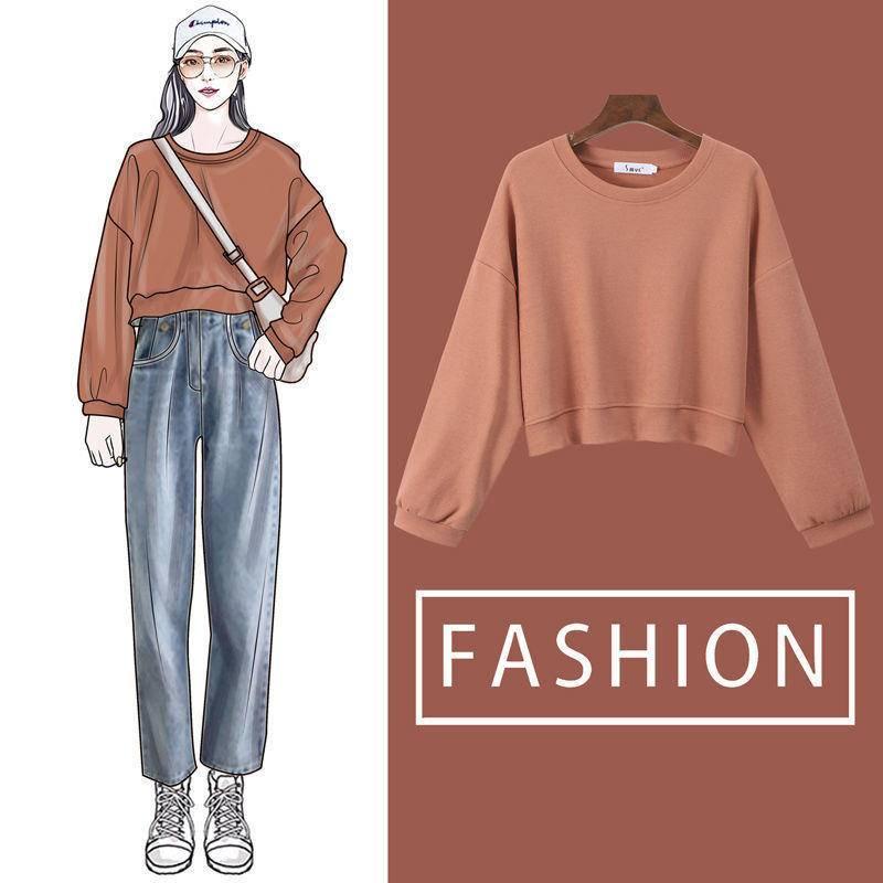 Women Sweatshirt Korean Version Solid Color Plus Size Sweatshirt Temperament Round Neck Long Sleeve Fashion Loose Top