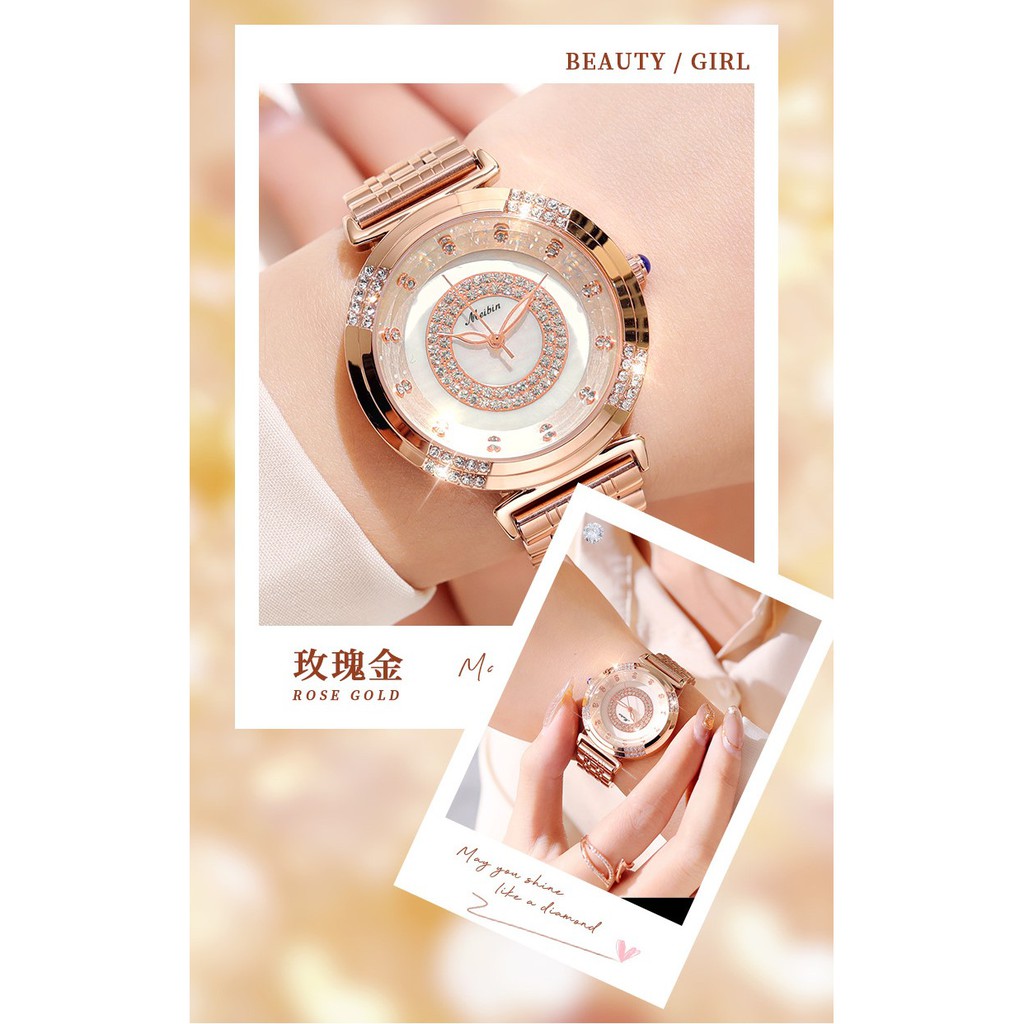 Đồng hồ đeo tay, đồng hồ nữ đẹp chính hãng MEIBIN đính đá cao cấp, sang trọng, mặt tròn, không thấm nước