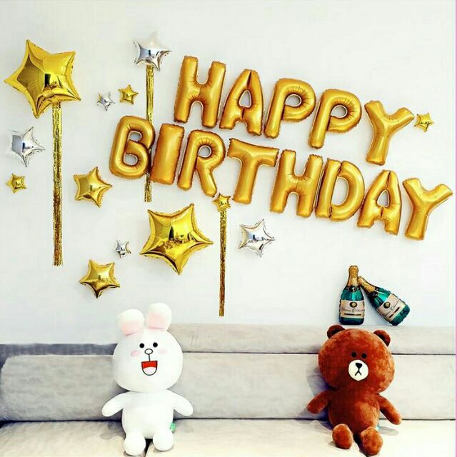 Set chữ happy birthday + sao chai ly sâm panh vàng bạc trang trí sinh nhật Valentine cưới wedding Foil balloon HB25