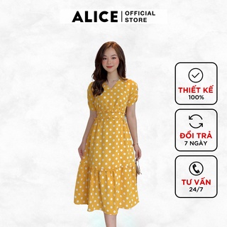 Đầm Công Sở Dáng Xòe Thiết Kế ALICE Phối Bèo Viền Eo Và Chân Váy Họa Tiết Chấm Bi Tay Ngắn Nhún V283
