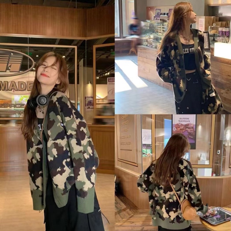 Áo Khoác Len Jacquard Tay Dài Màu Sắc Tương Phản Phong Cách Hàn Quốc