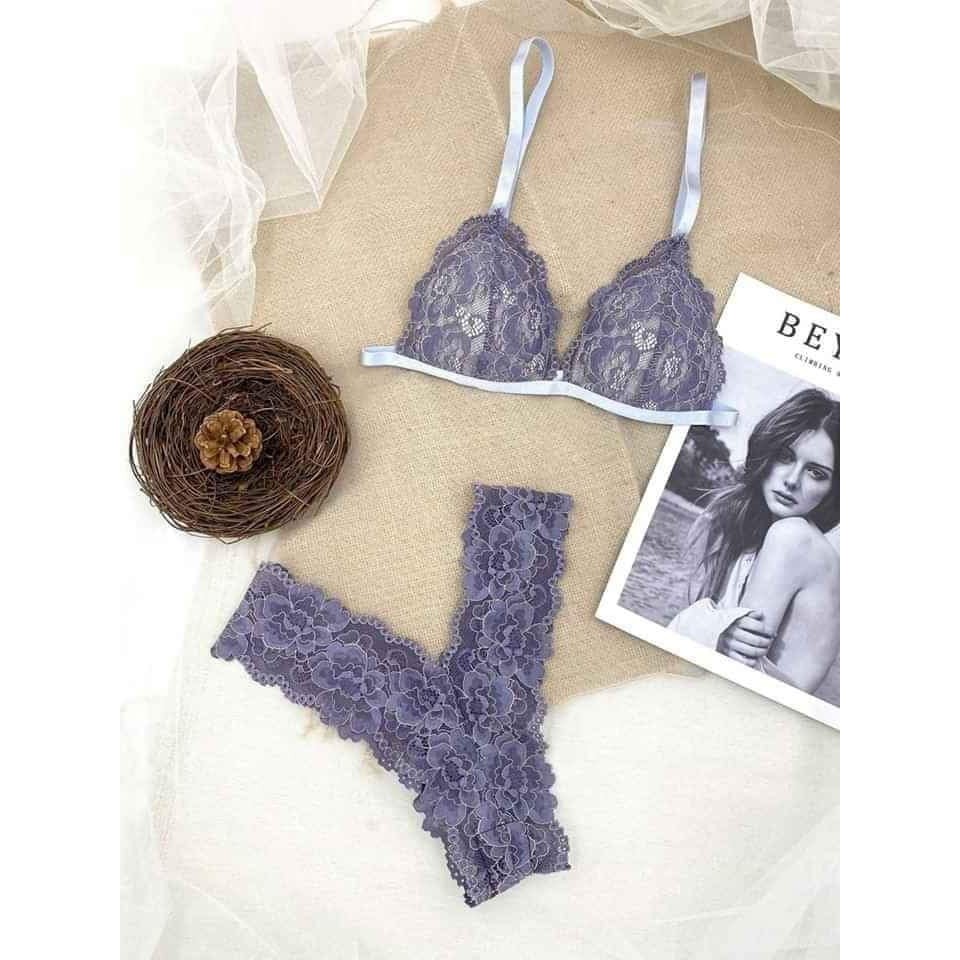 Bộ lót ren nữ màu ghi 👙 FREEESHIP 👙 Bralette ghi ren hoa chất liệu ren mềm nhẹ có mút cao cấp thoáng khí tốt