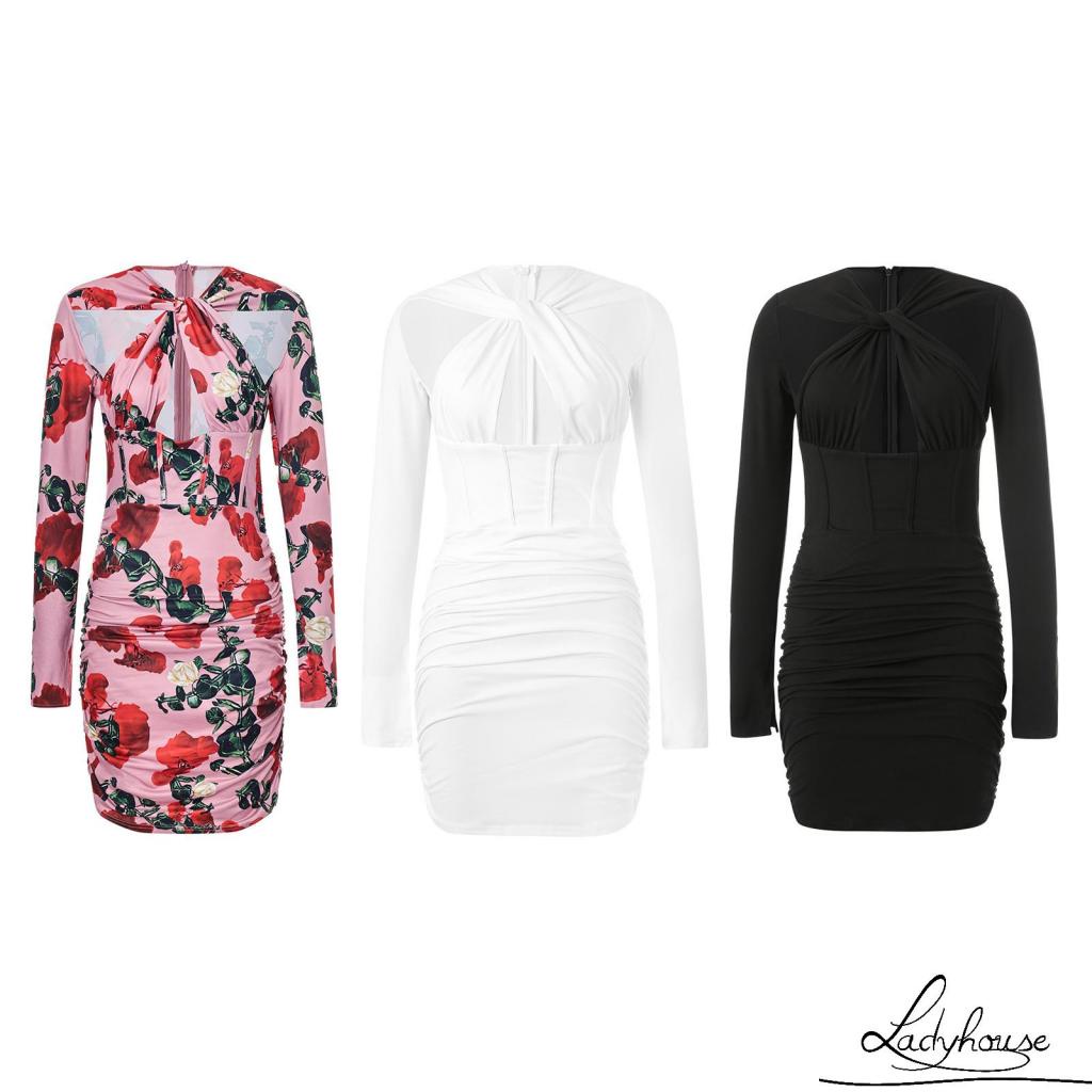 Đầm Dài Tay Màu Trơn / Trơn Họa Tiết Hoa Chéo Thời Trang Cho Nữ