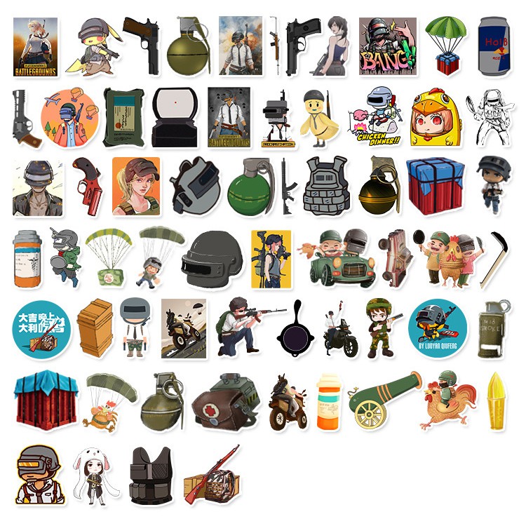 [Set 64 Cái] Bộ Sticker game PUBG dễ thương dán trang trí laptop, mũ nón bảo hiểm, vali, xe tay ga, ván trượt - DB.037