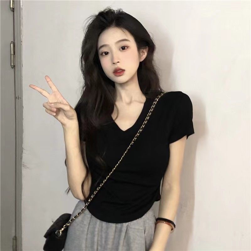Áo Thun Ngắn Tay Cổ Chữ V Lưng Cao Phong Cách Hàn Quốc Cho Nữ Áo phông Nữ NZ-TX-231