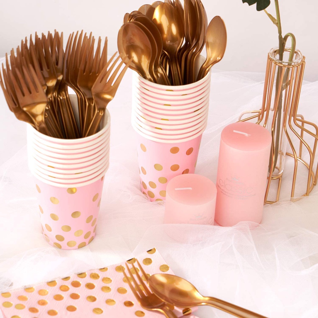 Bộ Cốc Đĩa Giấy Dùng Một Lần Họa Tiết Chấm Bi Màu Đồng/Trắng/Hồng Cho Tiệc Tùng