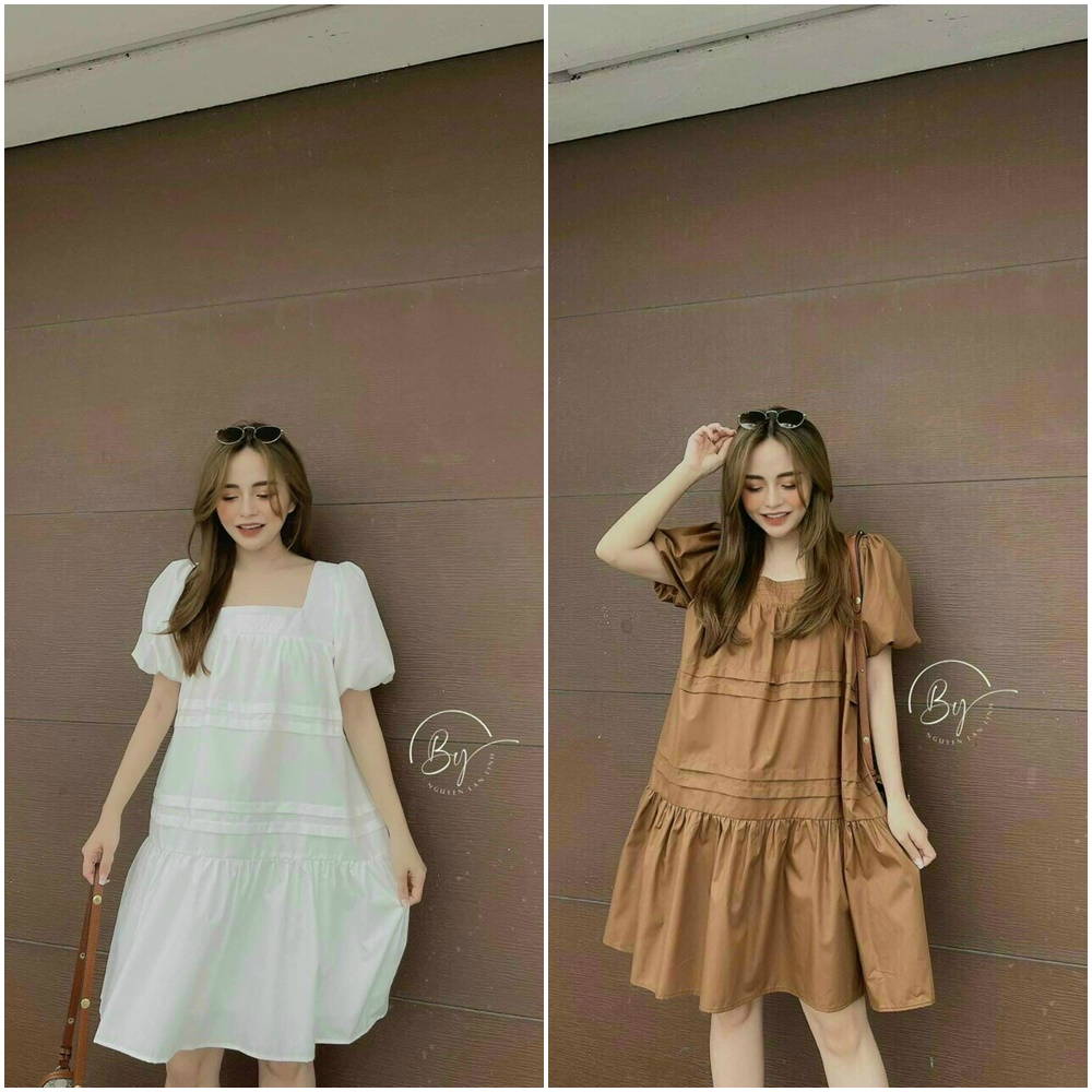 Đầm suông baby doll tay phồng đuôi cá siêu đẹp chất chéo nhung có lót siêu hot mùa hè