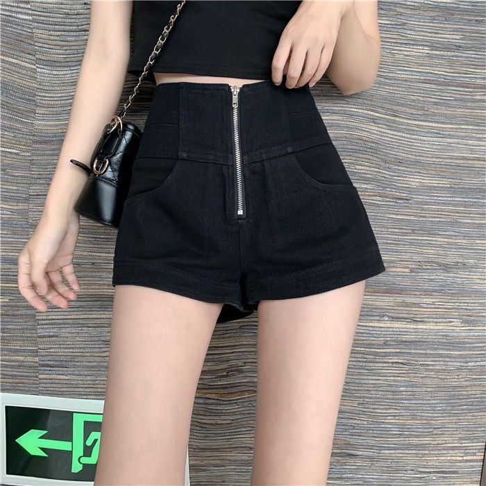 ◈✺▬Quần short denim nữ cạp cao ống rộng đang hot của Hong Kong phong cách dây kéo lỏng 2021 mới mùa hè âu mỏng hợp