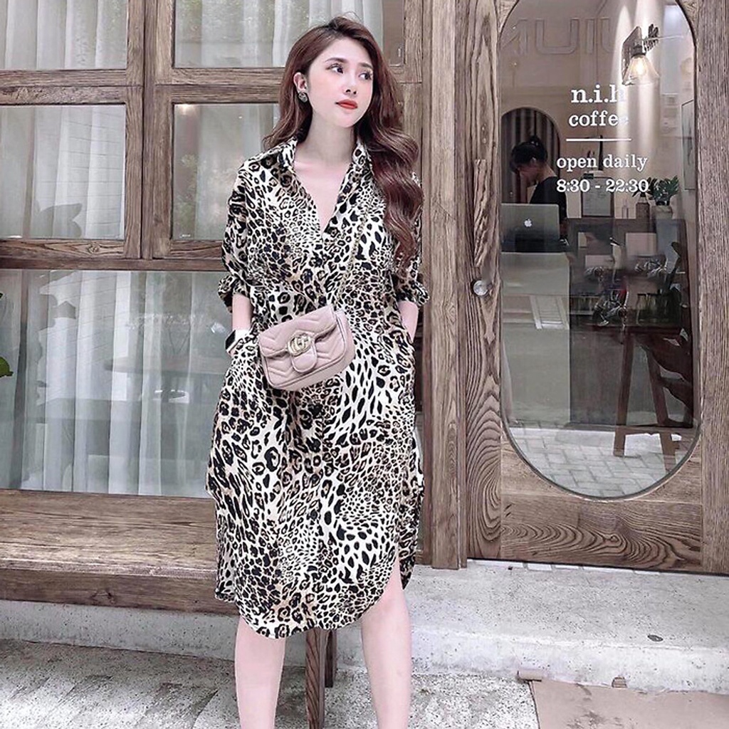 Đầm suông sơ mi da beo lượt đuôi tôm