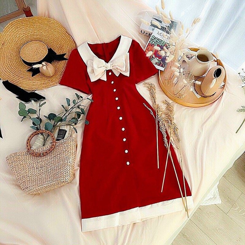 Váy đầm nữ công sở thiết kế dáng dài, mẫu váy đầm xòe nhẹ chữ A cổ nơ mới lạ, ngắn tay, 2 màu đỏ đen - L047 | BigBuy360 - bigbuy360.vn