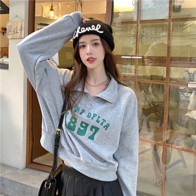 Áo Hoodie Ngắn Dài Tay Dáng Rộng Cổ polo Phối Khóa Kéo Phong Cách Mới