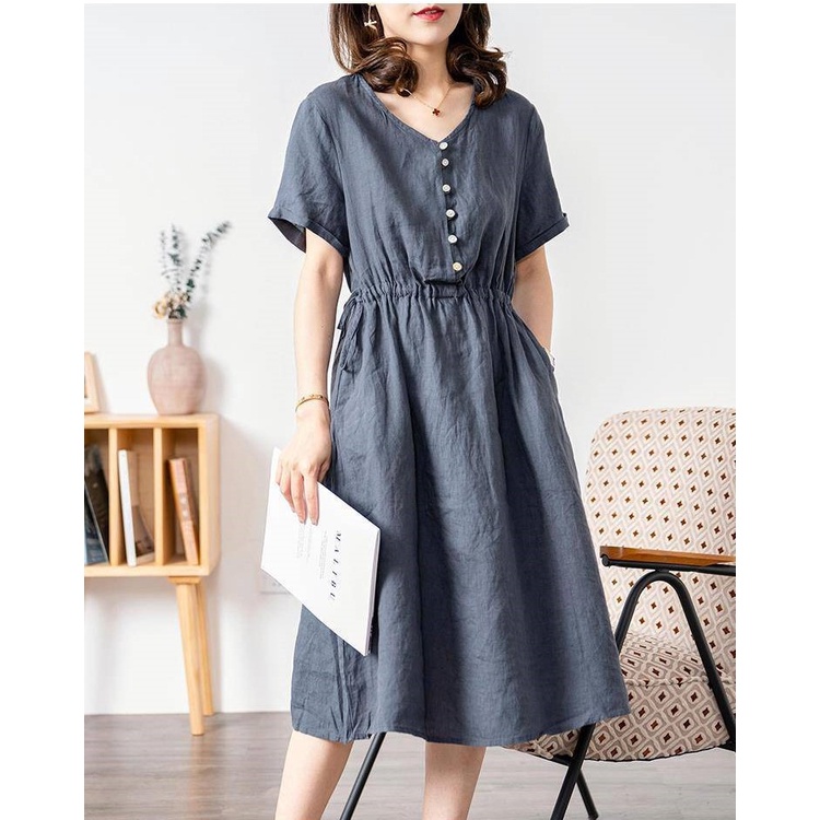 Váy sơ mi cổ V dáng suông dài basic kiểu Hàn Quốc, Đầm linen hè nữ thời trang Da173