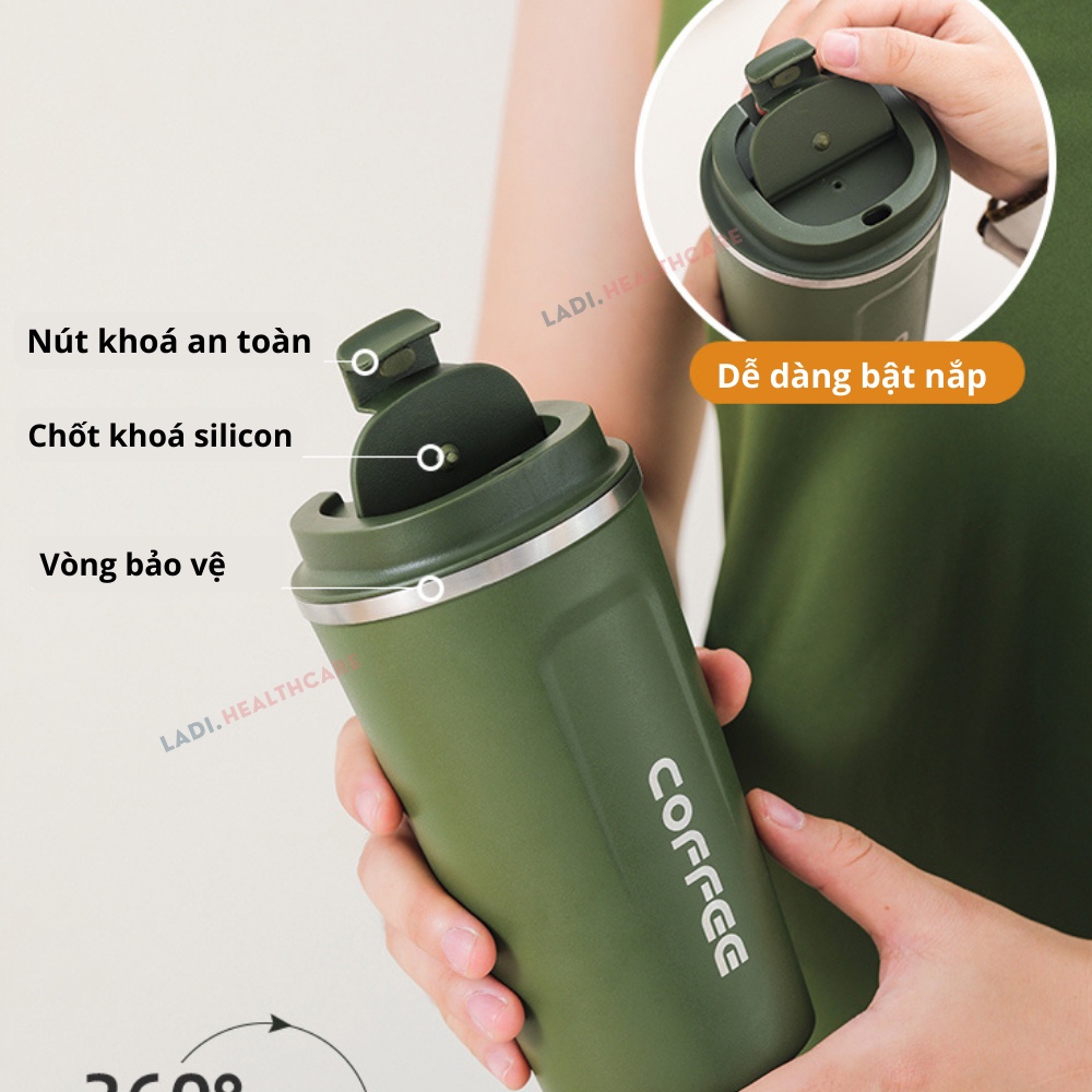Cốc giữ nhiệt 510ml LADI ly coffee holic inox 304, bình giữ nhiệt 12h tặng Sticker trang trí