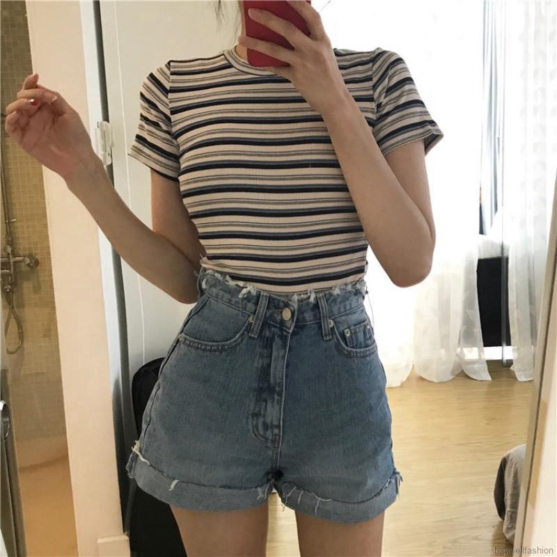 [Baywellfashion]Áo croptop tay ngắn cổ tròn họa tiết kẻ sọc cho nữ