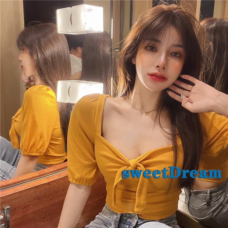 💐💐Áo Croptop Dệt Kim Tay Phồng Cổ Vuông Đính Nơ Màu Sắc Ngọt Ngào Cho Nữ