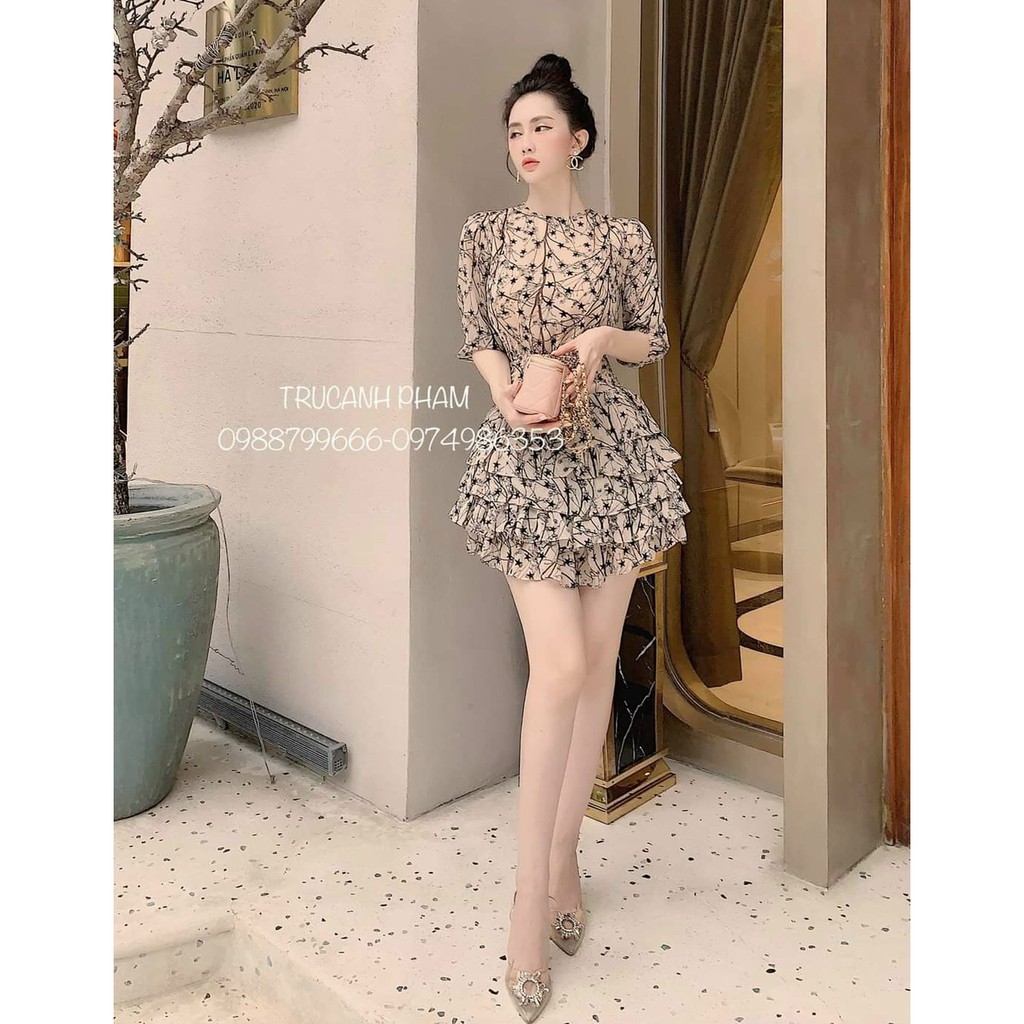 Đầm xòe bèo tầng tay lỡ họa tiết hoa nhí xinh xắn
