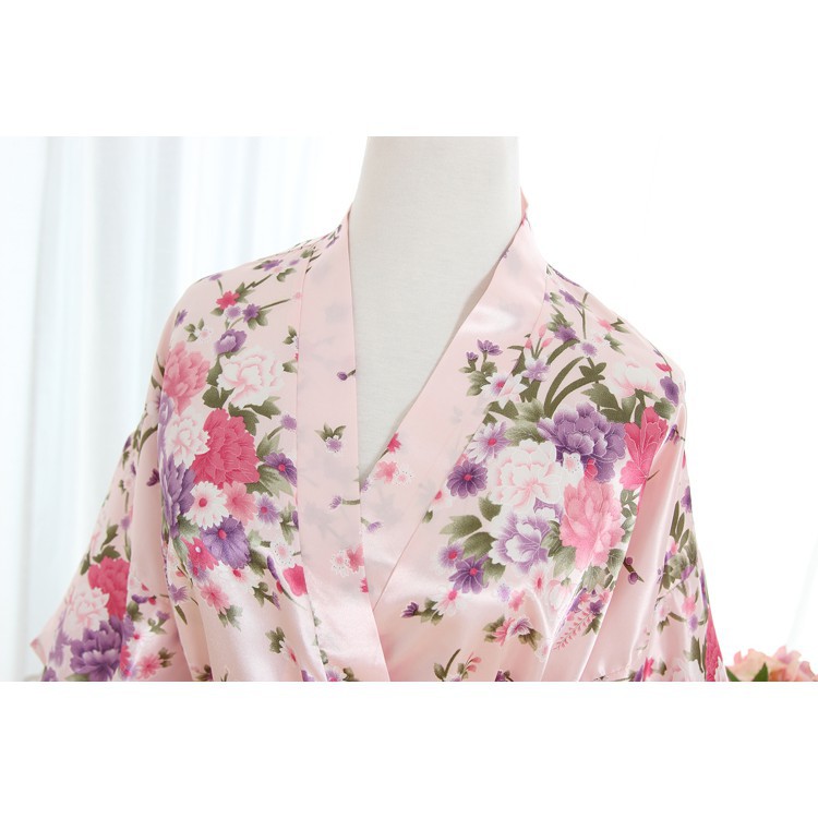 Áo Choàng Tắm Kimono Vải Satin In Hoa Dành Cho Nữ