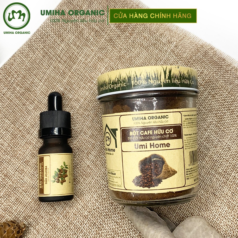 Combo đắp mặt dưỡng trắng da, tẩy da chết UMIHA với Dầu JoJoba 10ml và Bột Cafe 135g hữu cơ nguyên chất