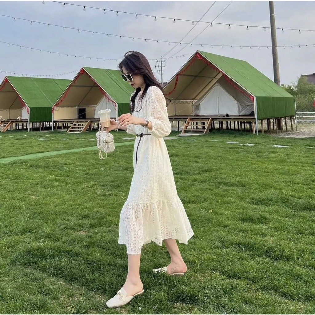 Đầm Chữ A Tay Phồng Cổ Chữ V Phối Ren Thời Trang Hàn Quốc