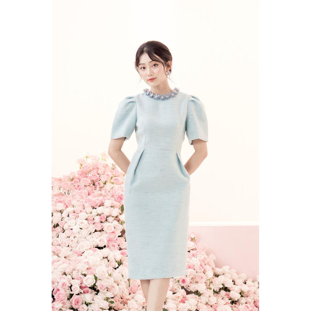 [Mã FAMALLT5 giảm 15% đơn 150k] RẬP - Đầm Xanh Tay Phồng Đính Hoa Trên Cổ - FLAVOR 06