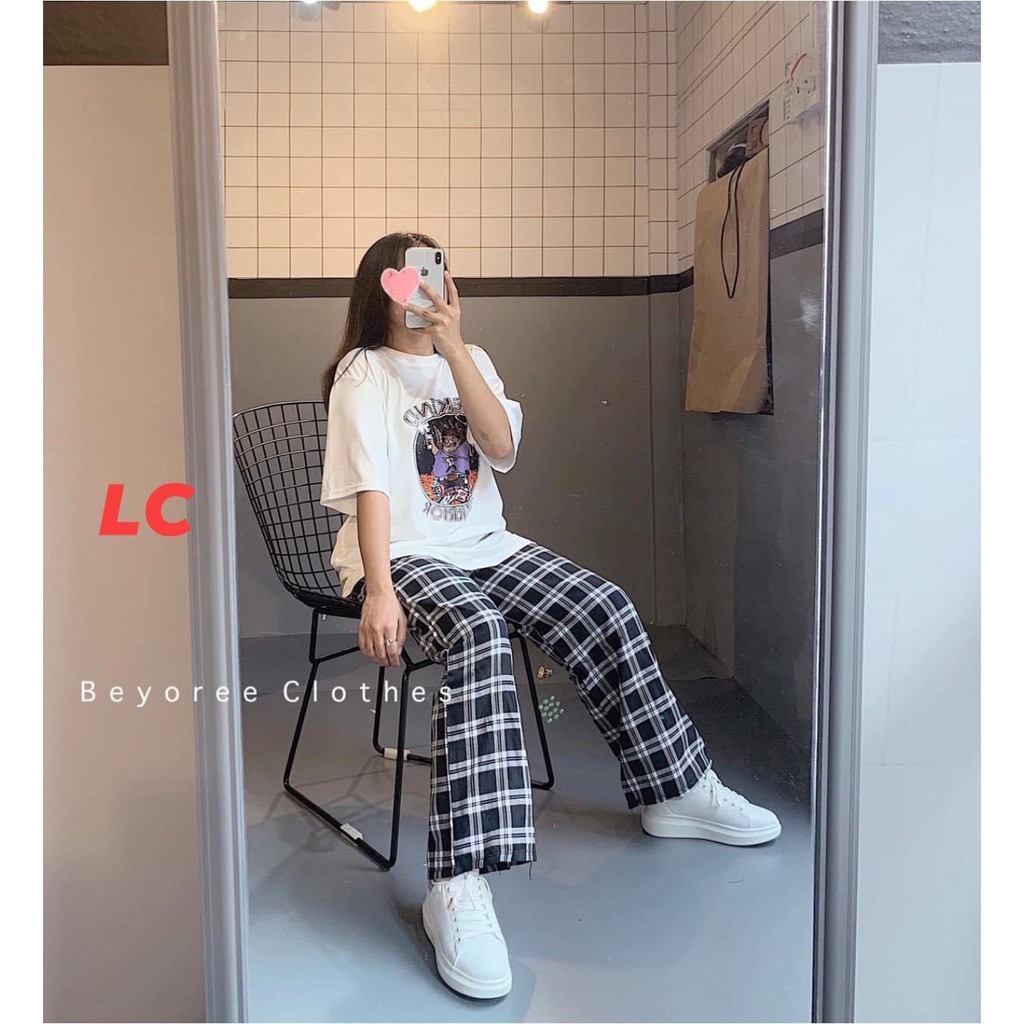 Bộ Quần Cul Kẻ Caro Áo Phông Weekend Warrior - Rere.Store [FREESHIP] - Set culottes dáng suông kèm thun tay lỡ Ulzzang