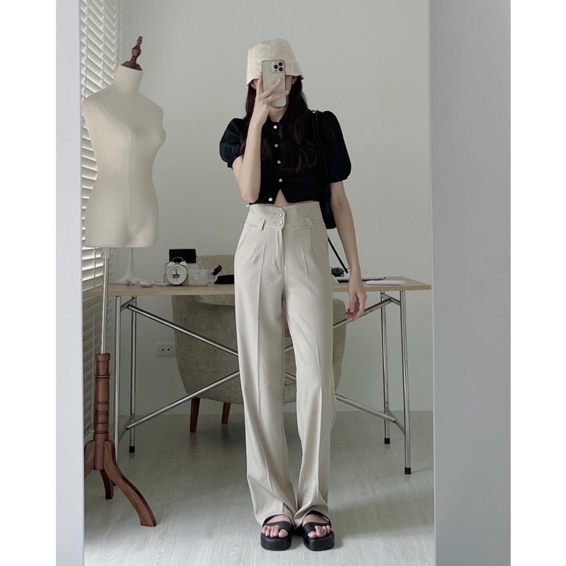 Áo sơ mi croptop vải xốp nổi tay bồng hai màu tôn dáng, phong cách hàn quốc,dễ phối đồ
