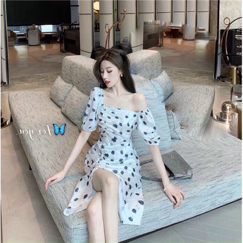 đầm vol lụa hoạ tiết xẻ tà rút dây cổ vuông