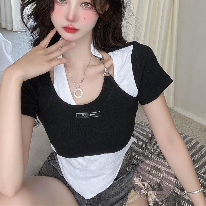 Áo Thun Tay Ngắn Cổ Yếm Màu Sắc Tương Phản Thời Trang Mùa Hè Dành Cho Nữ