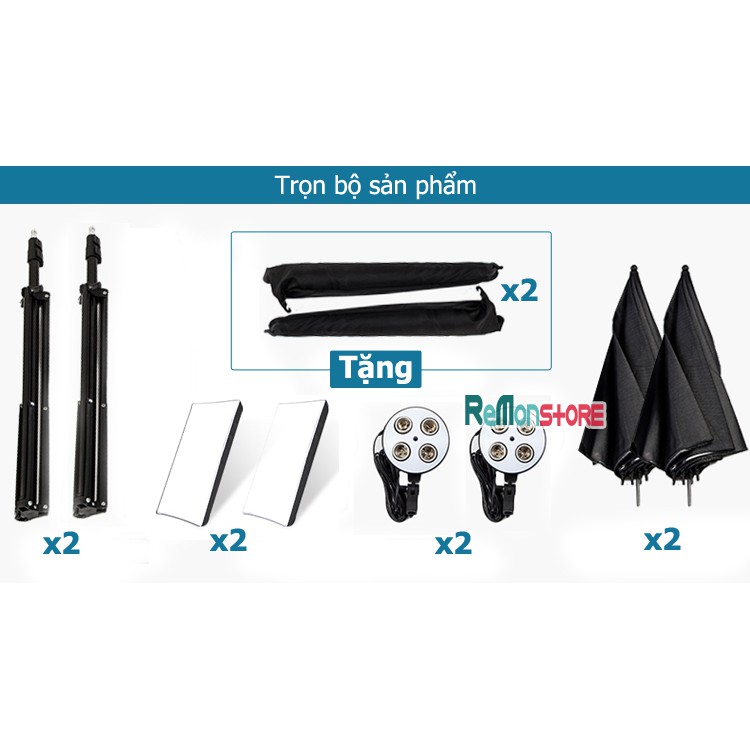 [Mã 253ELSALE hoàn 7% đơn 300K] 2 Softbox đuôi Sứ 4 chuôi 50x70cm - 2 Chân đèn 2m không bao gồm đèn