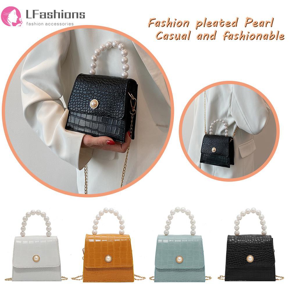 Fashion PU Alligator Pattern Crossbody Bag Women Pearl Chain Solid Color Handbag