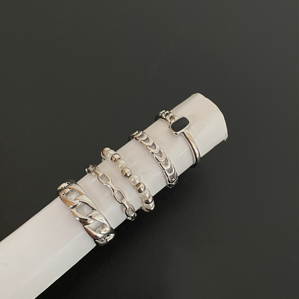 iF YOU Set 5 Nhẫn Bạc Dạng Mắc Xích Màu Đen Phong Cách Hàn Quốc Cho Nữ