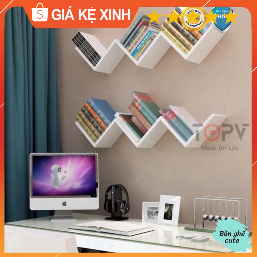 Kệ sách gỗ ziczac TopV giá treo tường tủ để đựng đỡ kê vở cho bé decor nhỏ mini giá rẻ 3 màu trắng, vân, đen