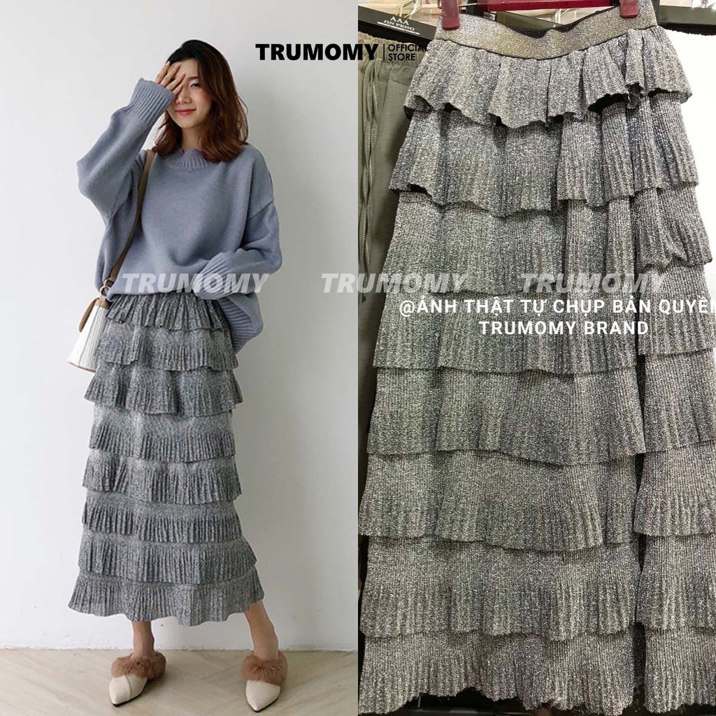 Chân váy 8 tầng nhũ dài midi có dập ly nhỏ Quảng Châu 2 lớp, cạp cao, lưng thun- Trumomy | BigBuy360 - bigbuy360.vn
