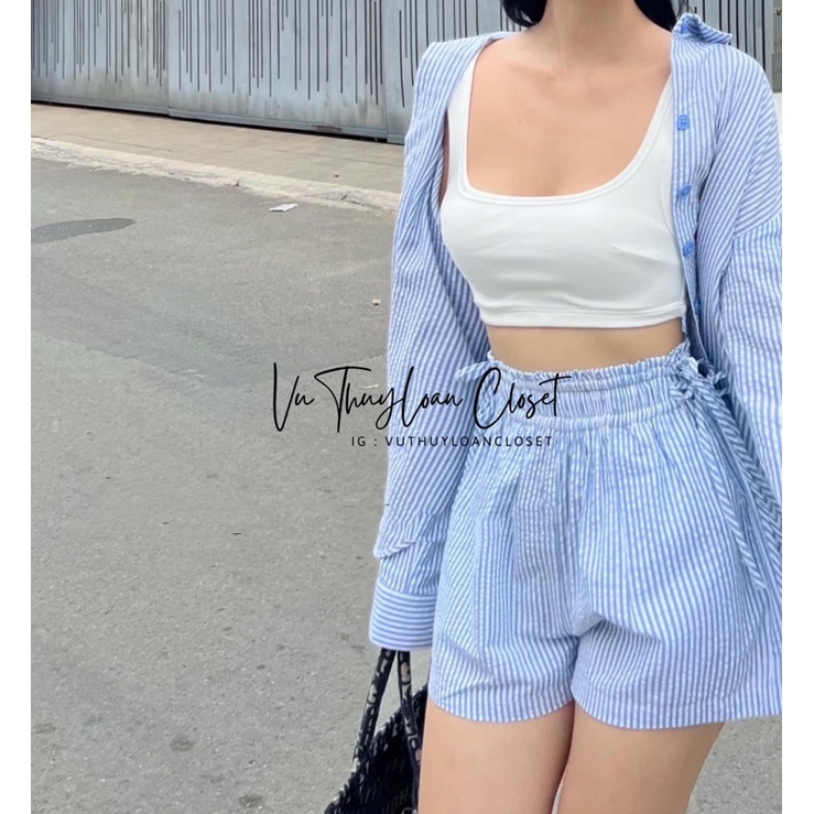 Set 3 món áo sơ mi khoác + bra coprop + quần sọc đi biển