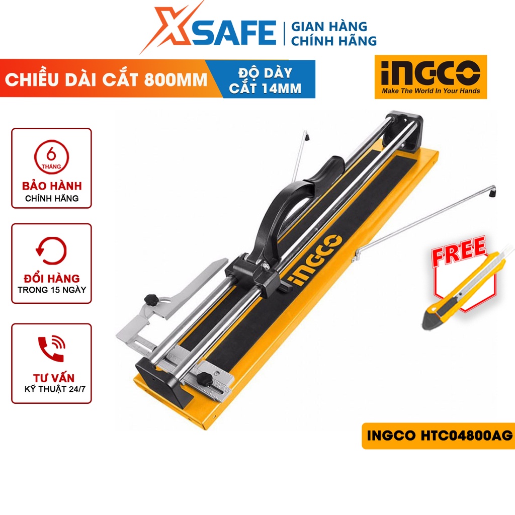 Bàn cắt gạch men INGCO HTC04800AG Bàn cắt đẩy tay chiều dài cắt tối đa 800mm, kích thước 993x165mm, 2 khung đỡ thép