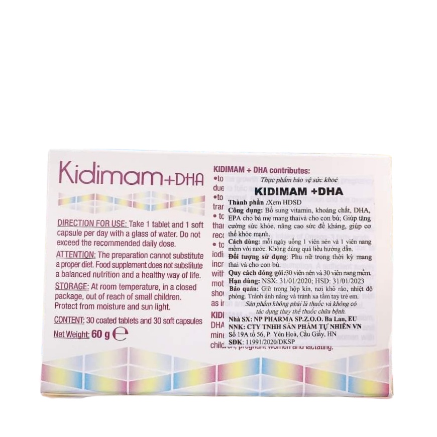 Kidimam+DHA - Vitamin Tổng Hợp Cho Bà Bầu, Acid Folic, Sắt, Dầu Cá, DHA, Vitamin B, Vitamin C (Hộp 30 viên) [Chính Hãng]