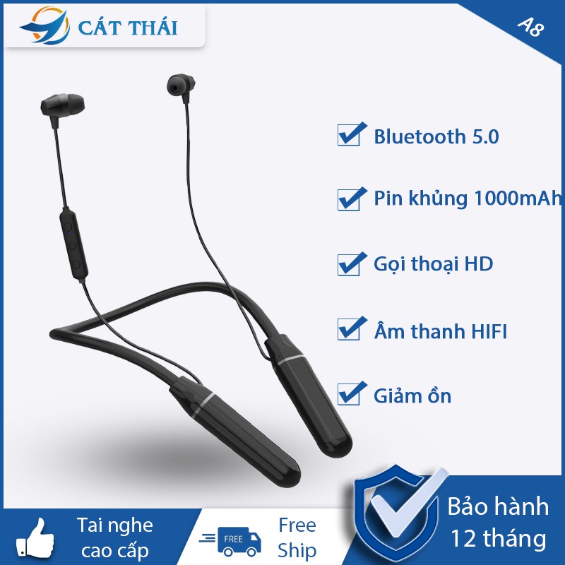 Tai nghe bluetooth đeo cổ A8 dung lượng lớn 1000mAh vỏ kim loại thích hợp vận động thể thao âm thanh tuyệt vời nghe gọi