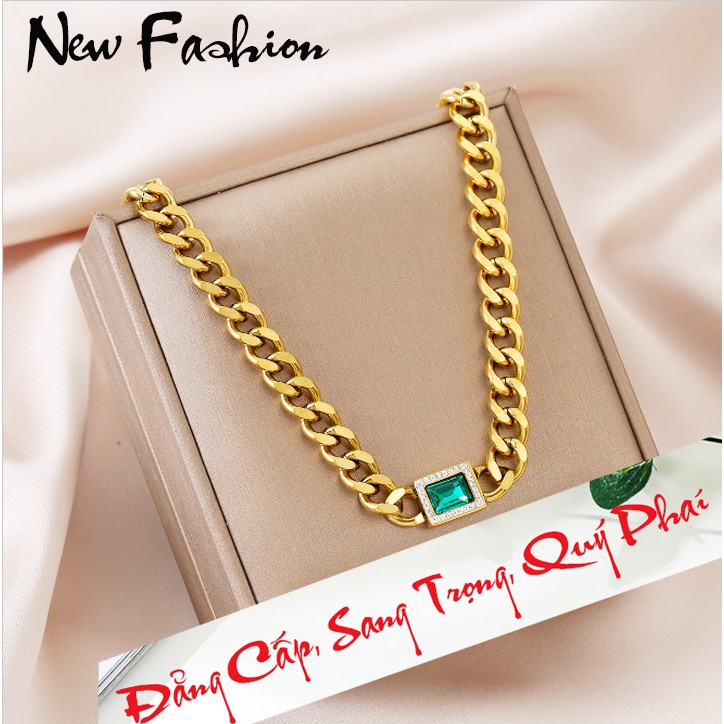 Dây chuyền titan kiểu xích 10ly mặt vuông đính đá xanh siêu đẹp, bền màu, hợp thời trang