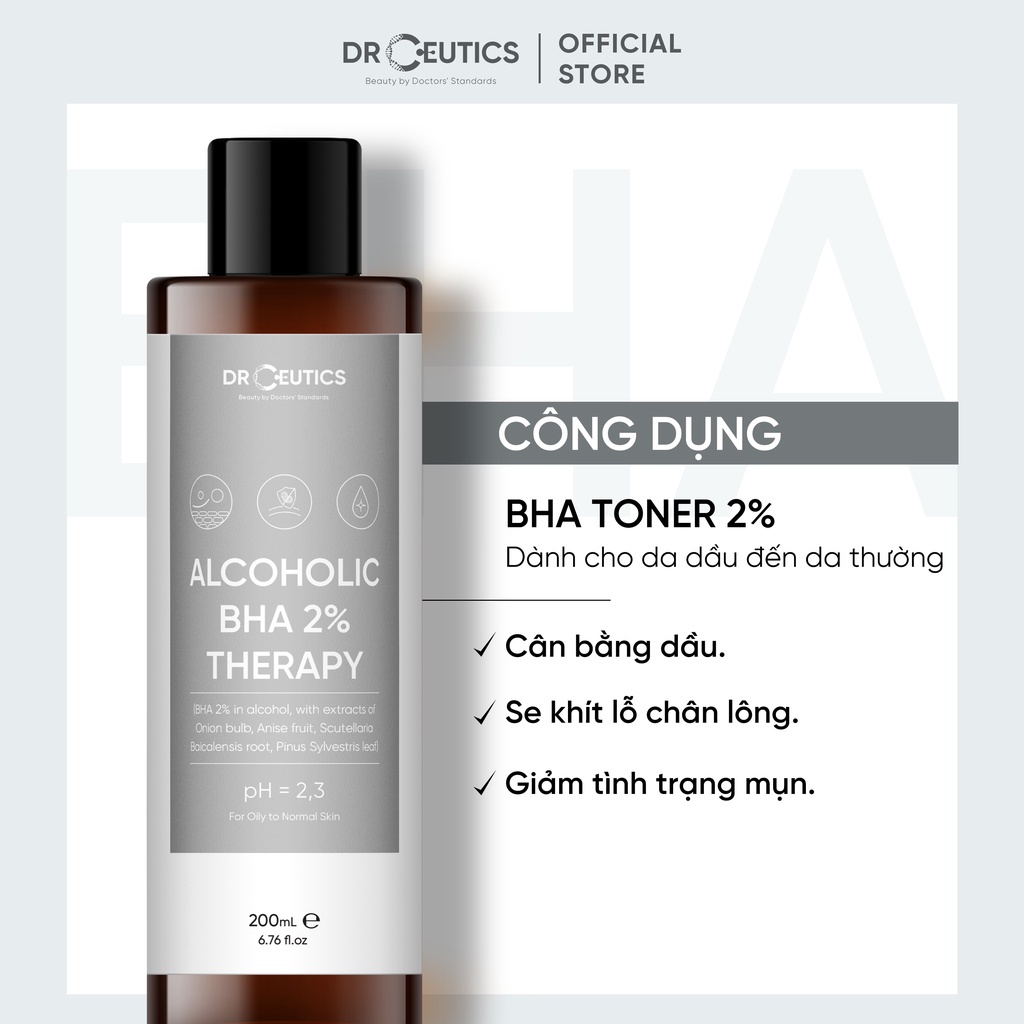 DrCeutics Toner Basic BHA 2% In Alcohol  |   BHA 2% Aqualic |  Basic |  Standard cấp ẩm - 200ml