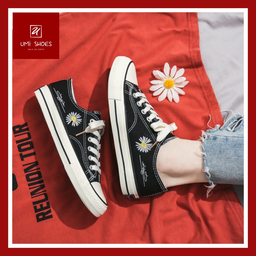 [LOẠI ĐẸP] Giày thể thao hoa cúc chữ kí thấp cổ đế bằng màu đen êm mềm thoáng chân xinh giá rẻ đi học đi chơi đi làm