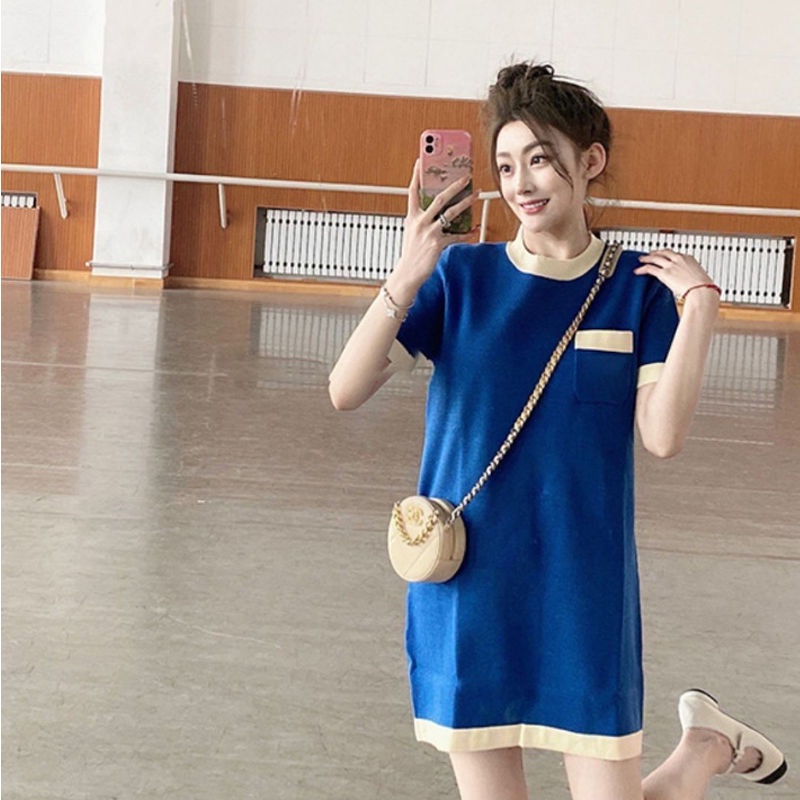 Dress women 2022 new French retro loose slim straight tube small fragrant wind ice silk knit skirt children summer