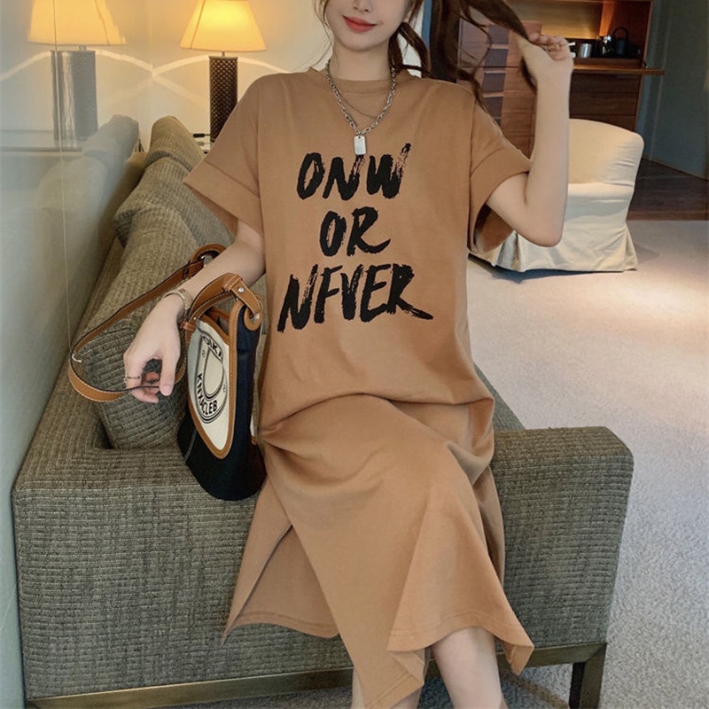 Đầm xẻ tà dáng rộng IELGY in chữ phong cách cổ điển thời trang cho nữ