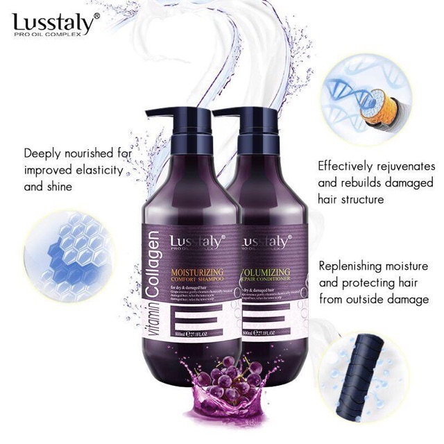 Bộ dầu gội xả phục hồi siêu mượt tóc cao cấp Lusstaly Vitamin Collagen Moisturizing Comfort - Volumizing Repair 800ml